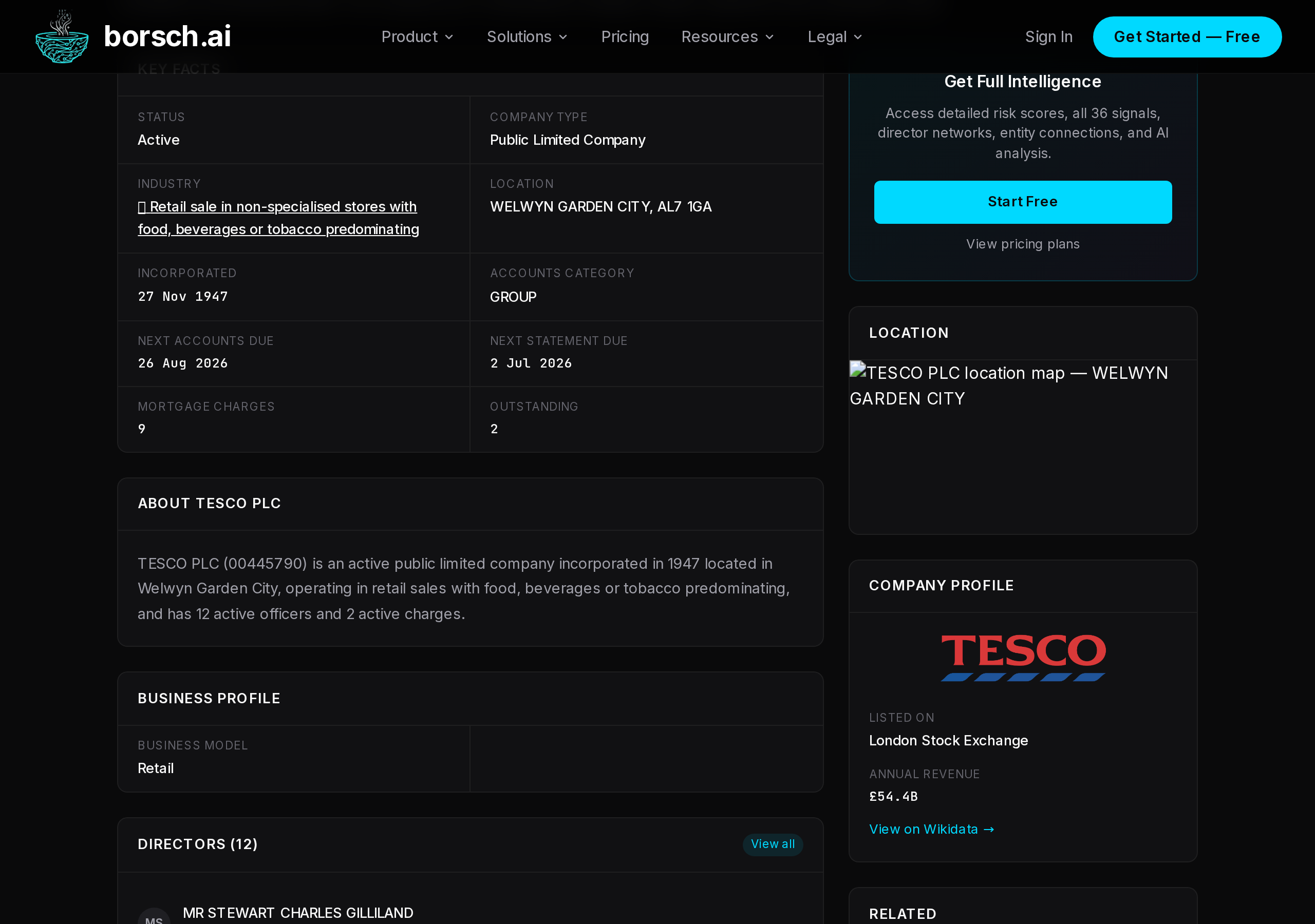 Company profile detail sections showing AI summary, key facts table with status, industry, location, and incorporation date